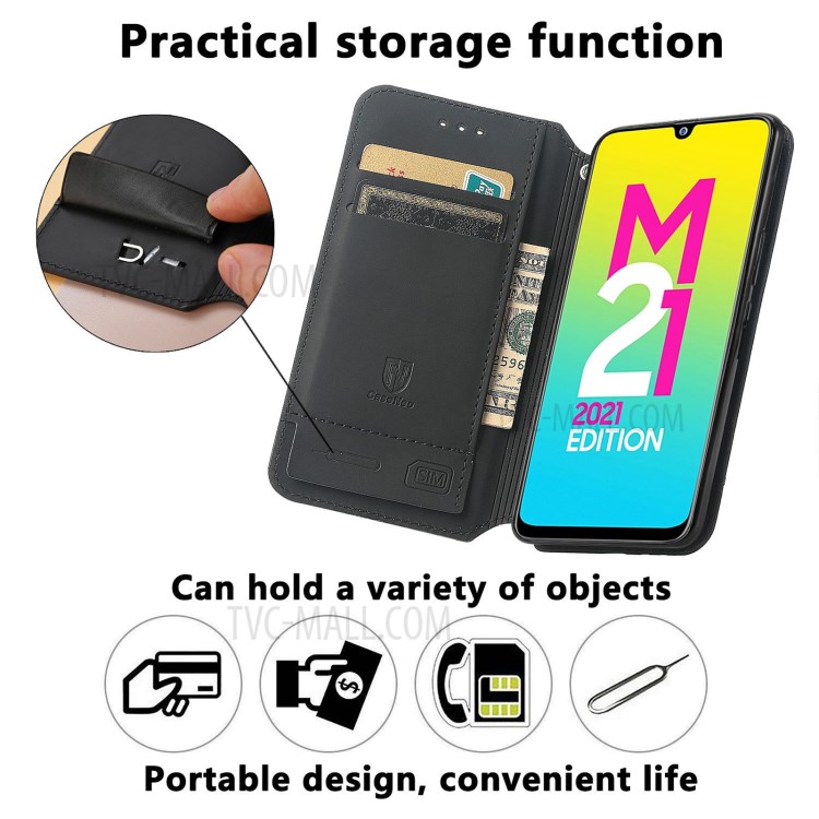 CASENEO 001 Series Strong-Magnet-Absorbed RFID Blocking Function Adjustable Stand Pattern Printing Leather Wallet Phone Cover Shell for Samsung Galaxy M21 2021 - Purple Scale-7