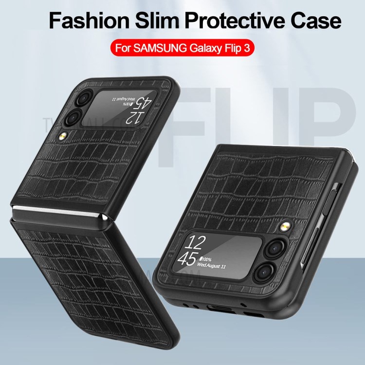 Crocodile Texture Full Body Shockproof PU Leather Coated PC Folding Cover for Samsung Galaxy Z Flip3 5G - Black-5