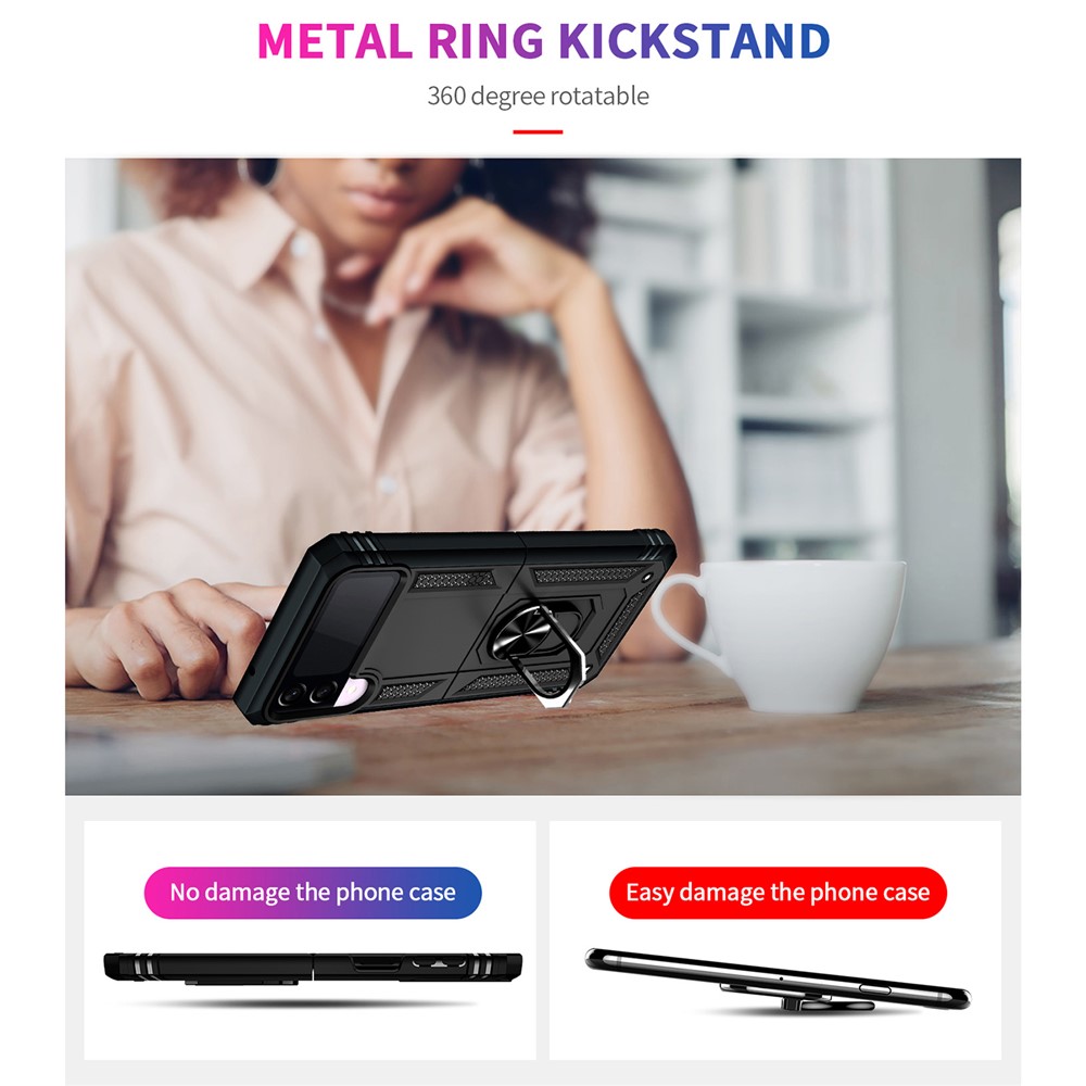 Military Grade Shockproof Phone Cover Shell with Finger Ring Kickstand for Samsung Galaxy Z Flip3 5G - Black-3