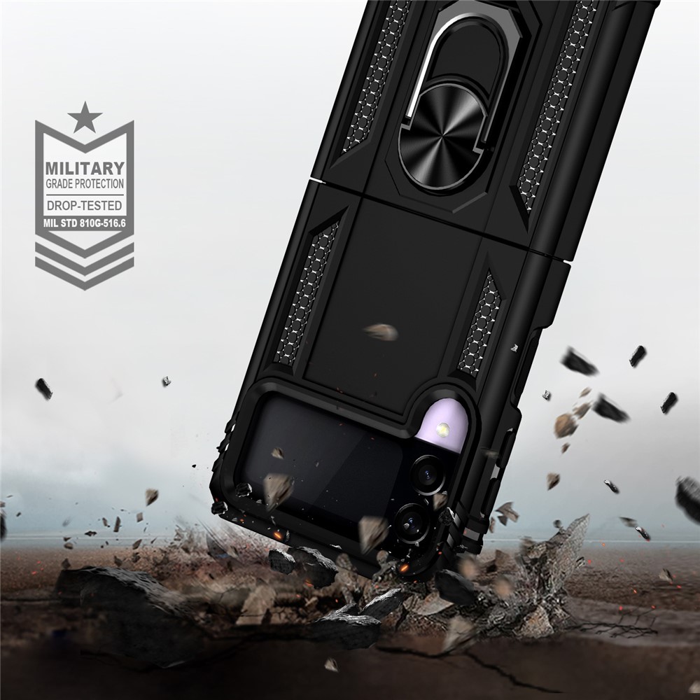 Military Grade Shockproof Phone Cover Shell with Finger Ring Kickstand for Samsung Galaxy Z Flip3 5G - Black-6