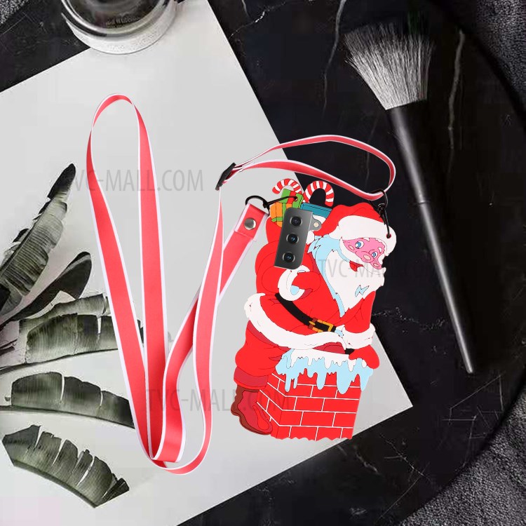 Hemming Design Flexible TPU + Silicone Phone Cover Santa/Christmas Reindeer Pattern Special-Shaped Case with Long Lanyard for Samsung Galaxy S21 FE 5G/S21 Fan Edition - Santa-5