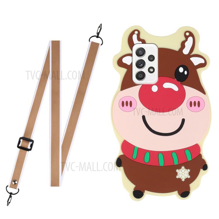 Flexible TPU + Silicone Hybrid Case Santa/Christmas Reindeer Pattern Phone Cover Shell with Long Lanyard for Samsung Galaxy A32 4G (EU Version) - Christmas Reindeer-1