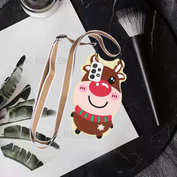 Flexible TPU + Silicone Hybrid Case Santa/Christmas Reindeer Pattern Phone Cover Shell with Long Lanyard for Samsung Galaxy A32 4G (EU Version) - Christmas Reindeer-6