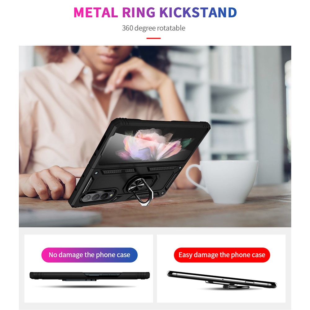 Ring Holder Kickstand Design Anti-fall PC + TPU + Metal Hybrid Phone Cover Shell for Samsung Galaxy Z Fold3 5G - Black-3