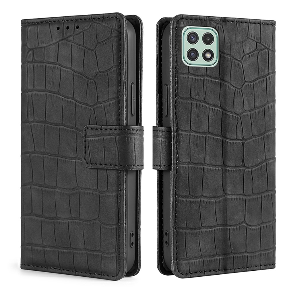 Shockproof Supporting Stand Design Crocodile Texture Wallet Leather Case Phone Cover Shell for Samsung Galaxy A22 5G (EU Version) - Black-1