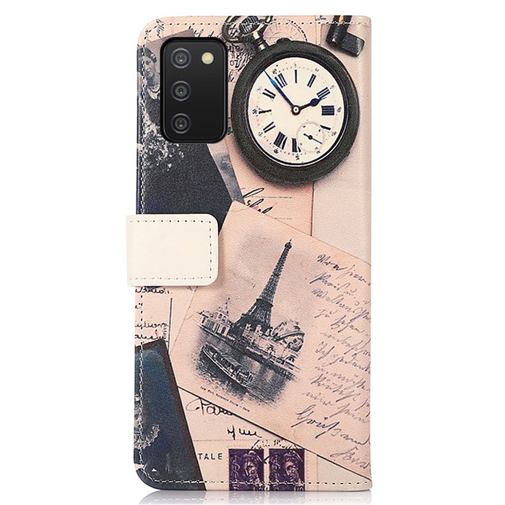 Stand Feature Pattern Printing PU Leather Wallet Flip Magnetic Protective Cover for Samsung Galaxy A03s (164.2 x 75.9 x 9.1mm) - Eiffel Tower and Feather-3
