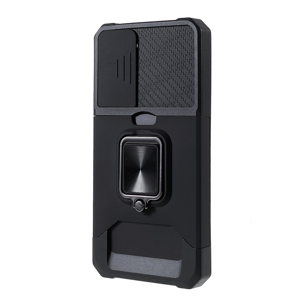 Card Slot Design Ring Kickstand Hybrid Phone Case Cover with Camera Slider Protector for Samsung Galaxy S21 FE 5G - Black-3