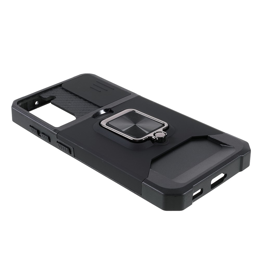 Card Slot Design Ring Kickstand Hybrid Phone Case Cover with Camera Slider Protector for Samsung Galaxy S21 FE 5G - Black-4