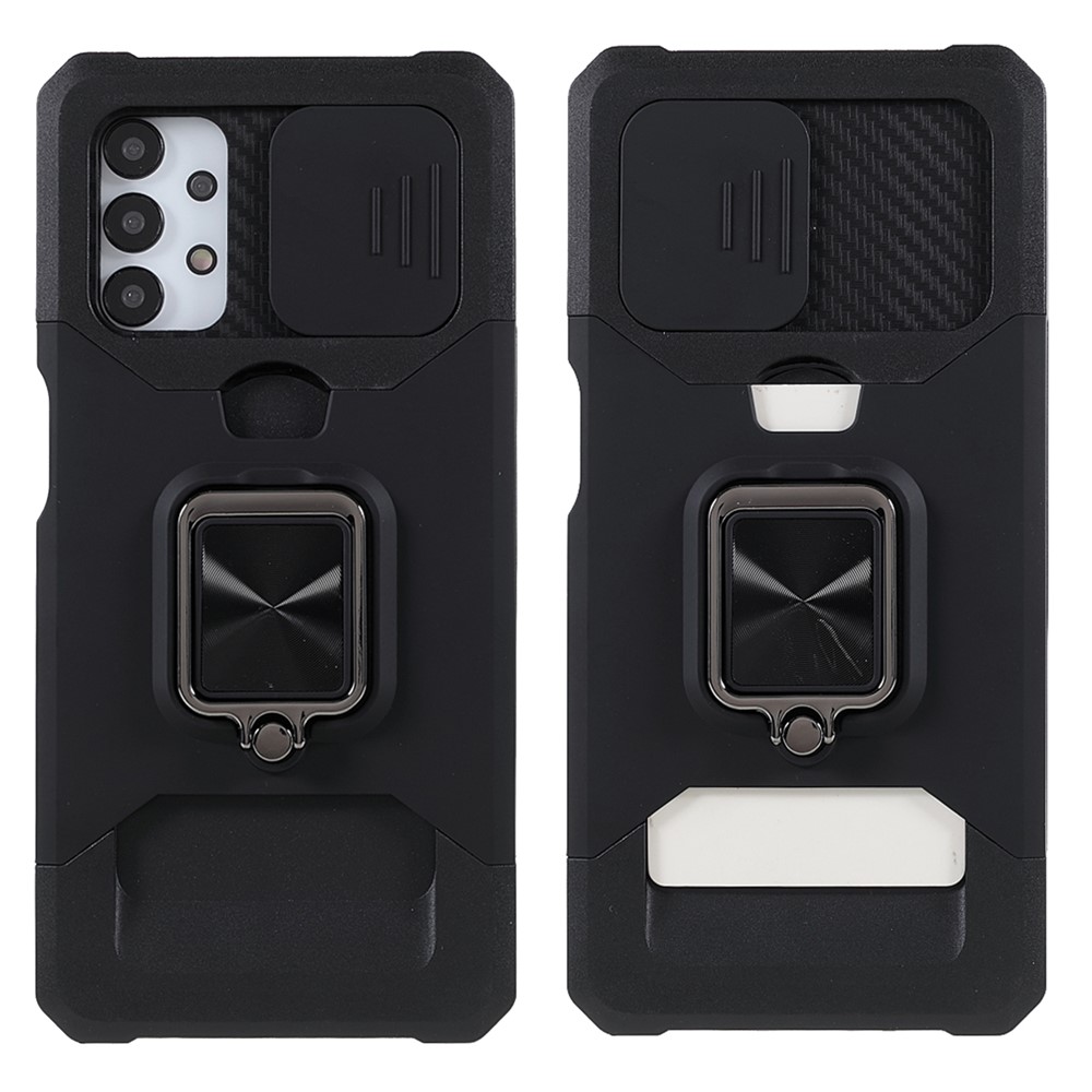 Camera Slider Protector Design Ring Holder Kickstand Phone Case Shell with Card Slot for Samsung Galaxy A32 5G - Black-1