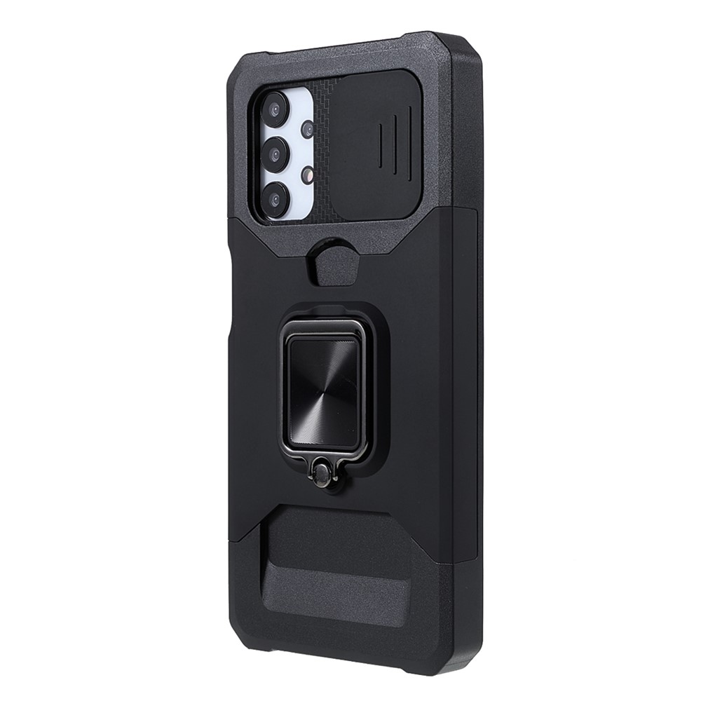 Camera Slider Protector Design Ring Holder Kickstand Phone Case Shell with Card Slot for Samsung Galaxy A32 5G - Black-2