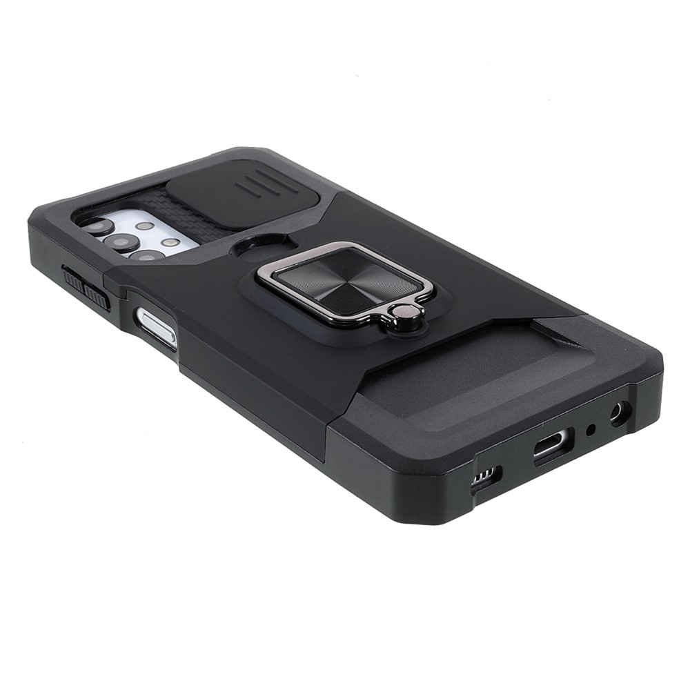Camera Slider Protector Design Ring Holder Kickstand Phone Case Shell with Card Slot for Samsung Galaxy A32 5G - Black-4