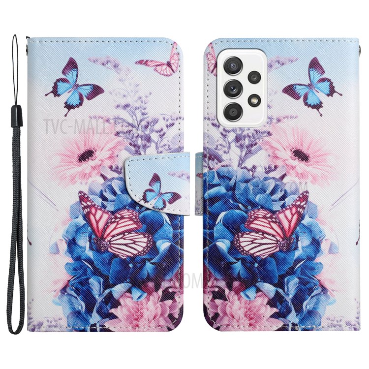 Pattern Printing Shockproof Wallet Stand Leather Phone Case Shell with Strap for Samsung Galaxy A52 4G/5G - Purple Butterfly-1