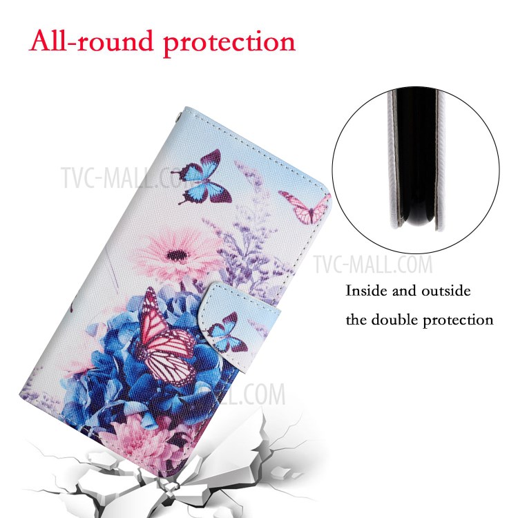 Pattern Printing Shockproof Wallet Stand Leather Phone Case Shell with Strap for Samsung Galaxy A52 4G/5G - Purple Butterfly-7