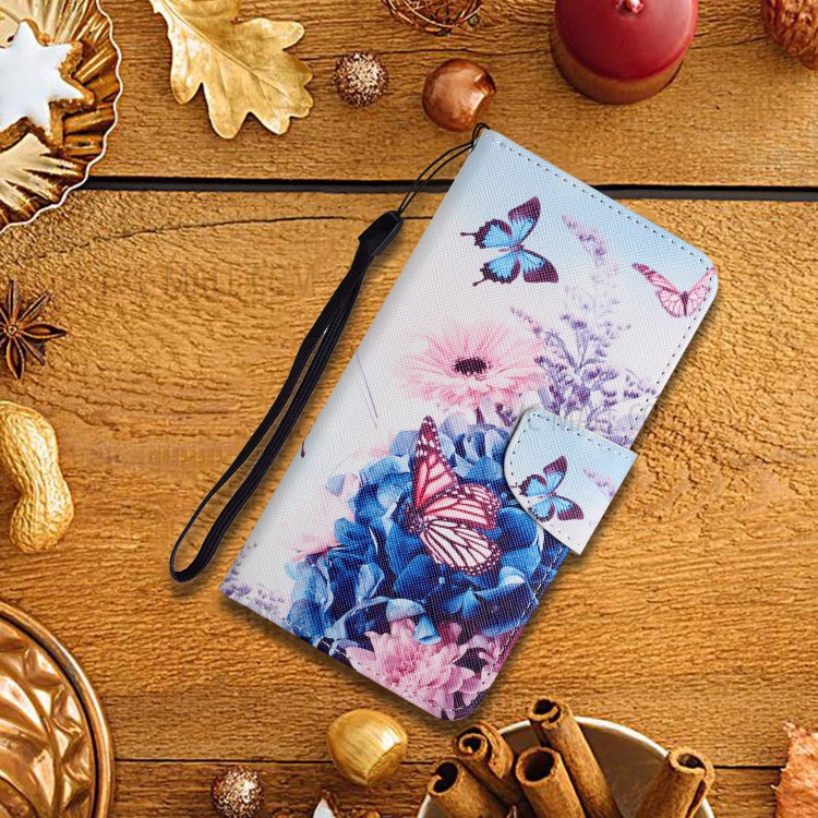 Pattern Printing Shockproof Wallet Stand Leather Phone Case Shell with Strap for Samsung Galaxy A52 4G/5G - Purple Butterfly-8