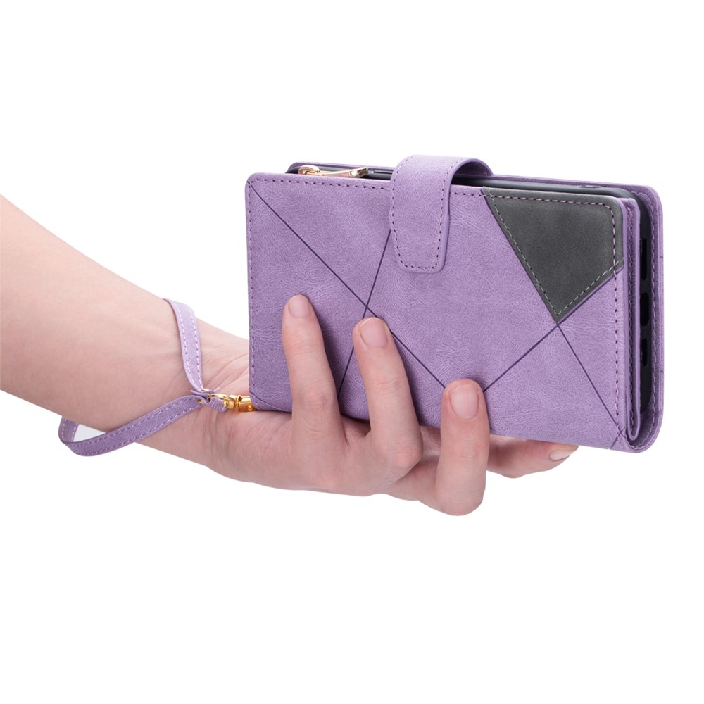 Splicing Design Leather Phone Case Wallet Stand Protective Cover for Samsung Galaxy S21 FE 5G / S21 Fan Edition - Purple-9