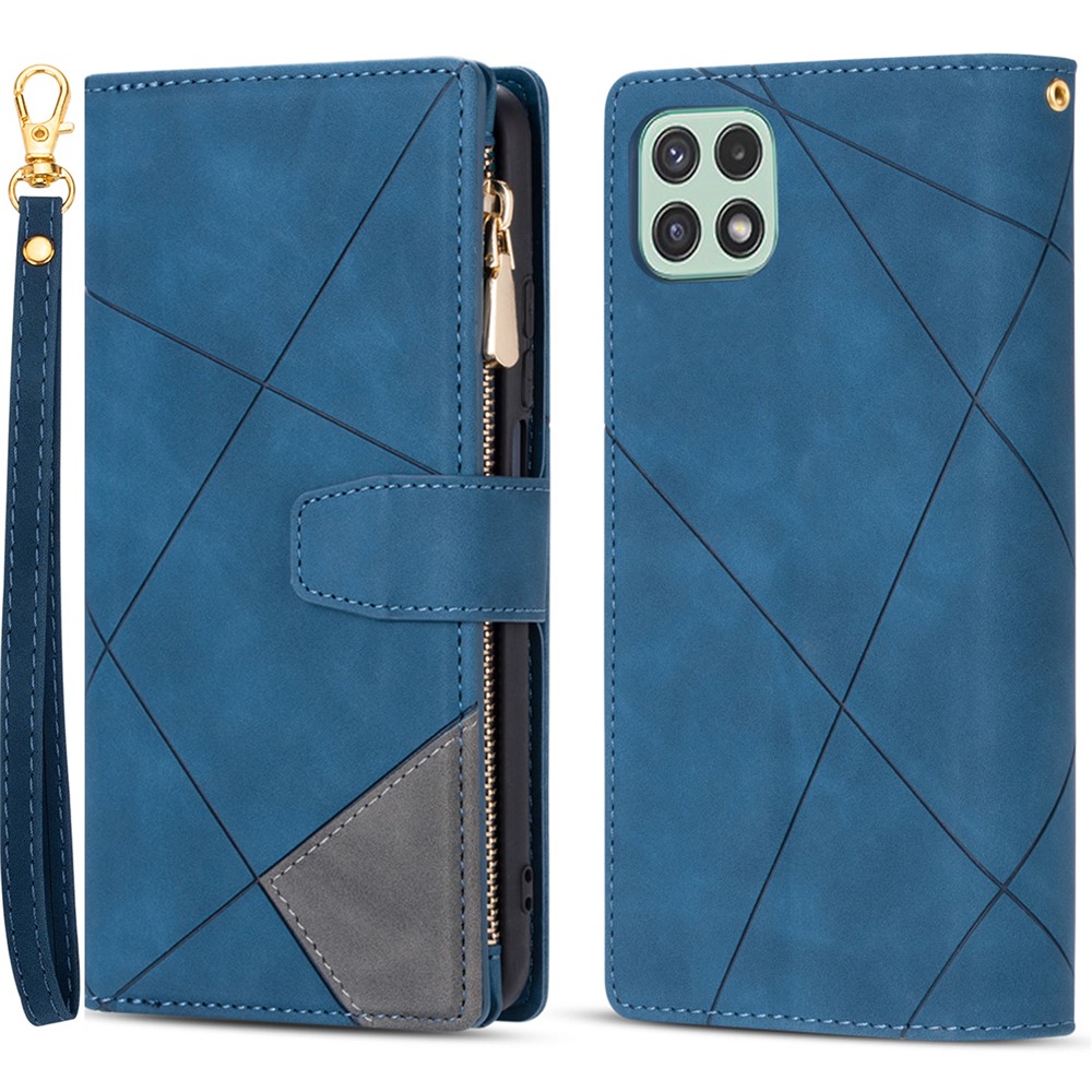 Scratch Resistant Splicing Design Leather Phone Case Wallet Stand Protective Cover for Samsung Galaxy A22 5G (EU Version) - Blue-1