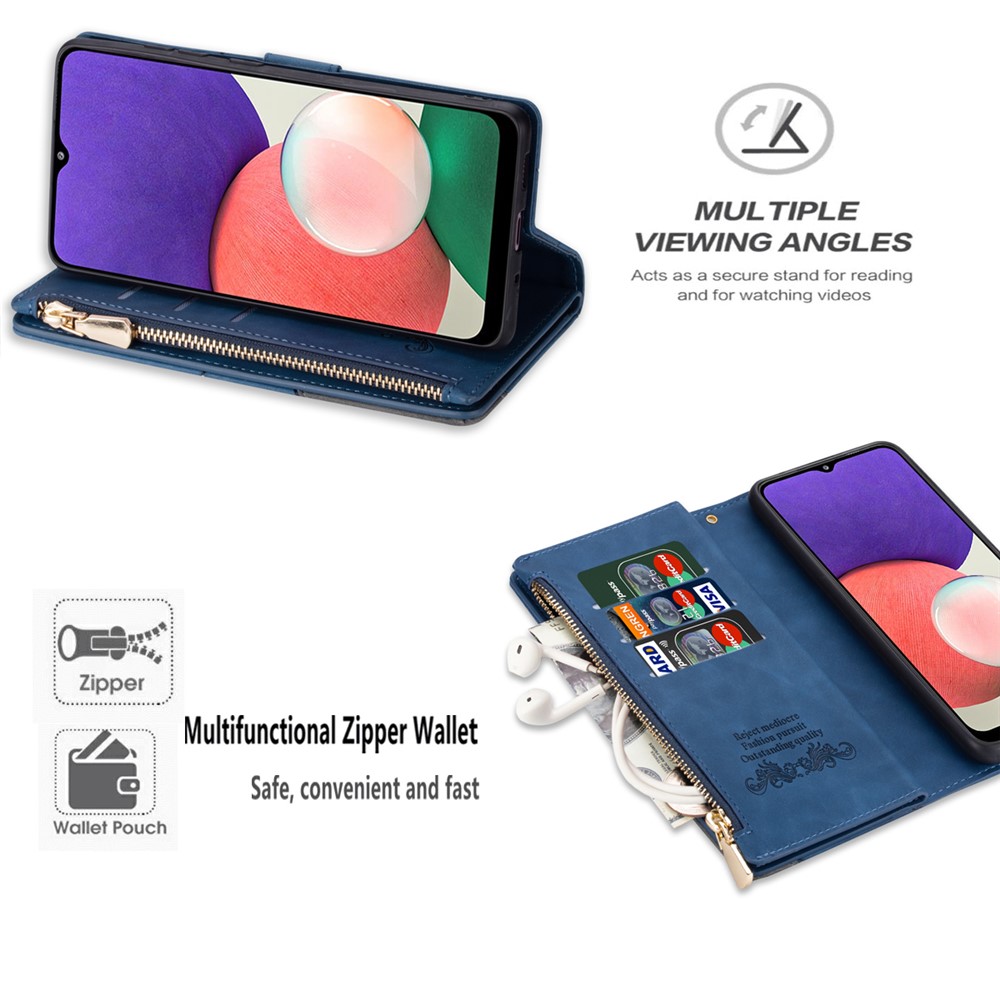 Scratch Resistant Splicing Design Leather Phone Case Wallet Stand Protective Cover for Samsung Galaxy A22 5G (EU Version) - Blue-6