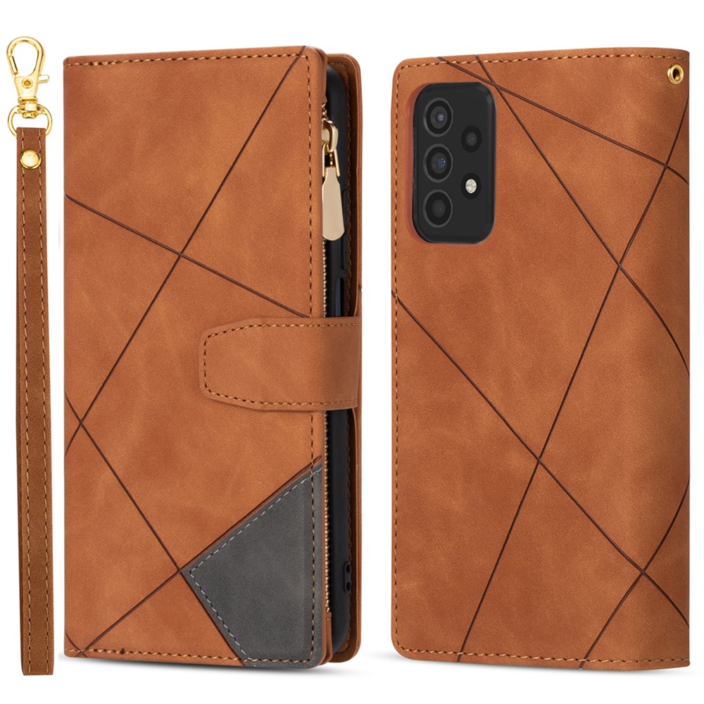 Shockproof Splicing Design Leather + TPU Phone Case Wallet Stand Protective Cover for Samsung Galaxy A52 5G / A52s 5G / A52 4G - Brown-1