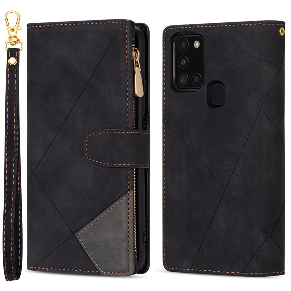 Anti-Drop Stylish Lines Splicing Wallet Design Leather Phone Cover Case with Stand for Samsung Galaxy A21s - Black