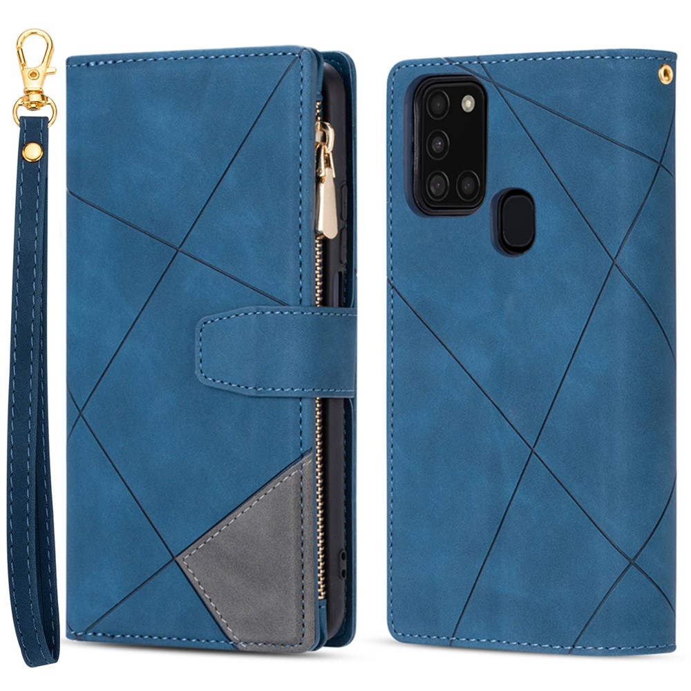 Anti-Drop Stylish Lines Splicing Wallet Design Leather Phone Cover Case with Stand for Samsung Galaxy A21s - Blue