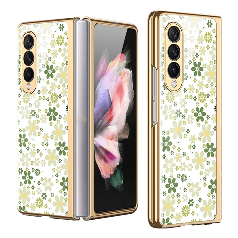GKK Floral Pattern Printing Tempered Glass + Hard PC Electroplate Edge IMD Protective Back Cover for Samsung Galaxy Z Fold3 5G - Floral 01-1