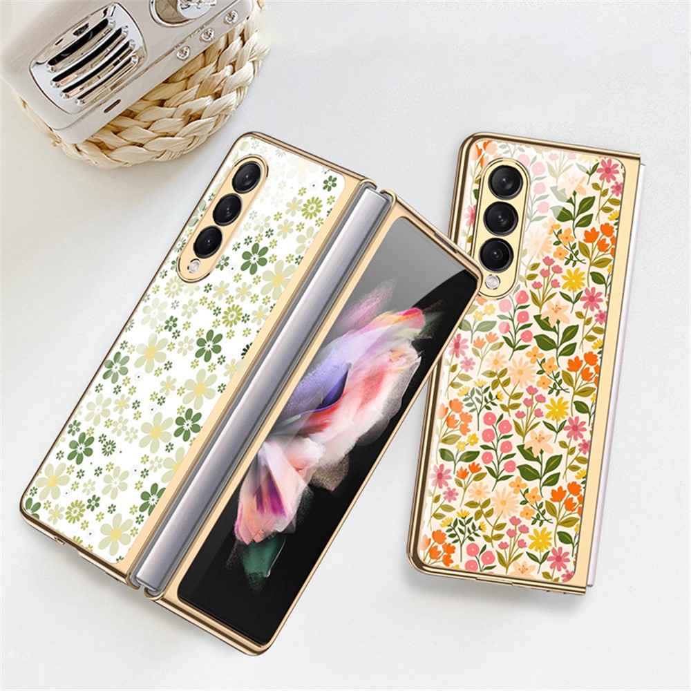 GKK Floral Pattern Printing Tempered Glass + Hard PC Electroplate Edge IMD Protective Back Cover for Samsung Galaxy Z Fold3 5G - Floral 01-3
