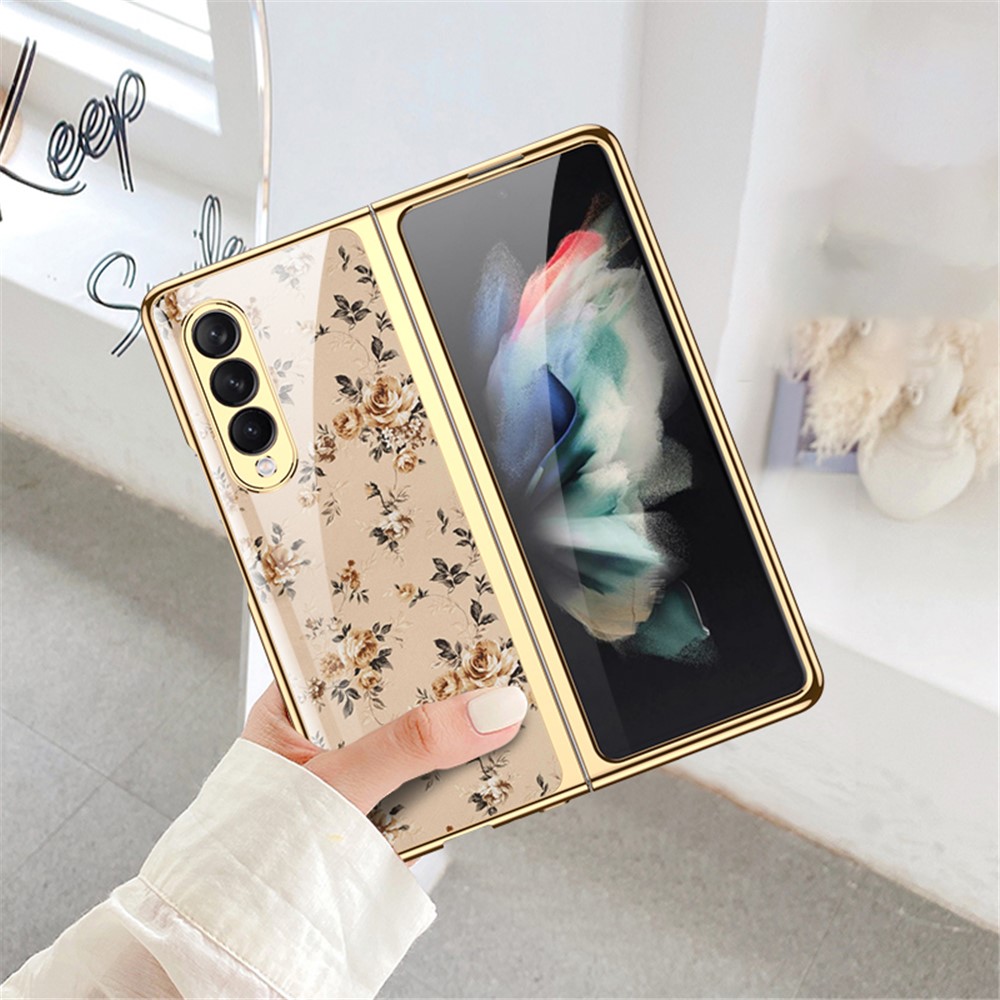 GKK Floral Pattern Printing Tempered Glass + Hard PC Electroplate Edge IMD Protective Back Cover for Samsung Galaxy Z Fold3 5G - Floral 01-4