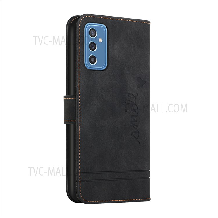 Heart Shape Imprinted Skin-Touch Handy Strap PU Leather Wallet Magnetic Closure Stand Flip Phone Case for Samsung Galaxy M52 5G - Black-3