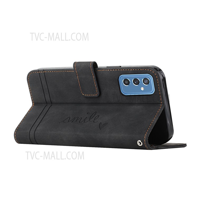 Heart Shape Imprinted Skin-Touch Handy Strap PU Leather Wallet Magnetic Closure Stand Flip Phone Case for Samsung Galaxy M52 5G - Black-4