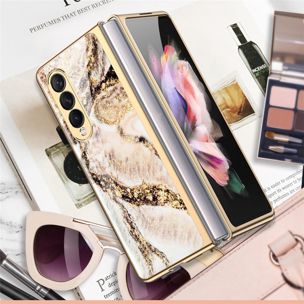 GKK Anti-Scratch IMD Graceful Marble Pattern Tempered Glass Back + Hard PC Shockproof Electroplating Cover for Samsung Galaxy Z Fold3 5G - Marble 13-3