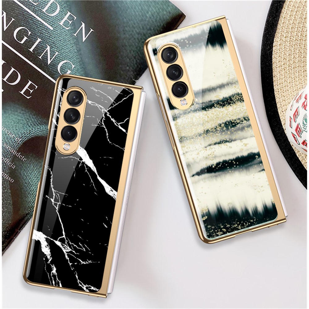GKK Anti-Scratch IMD Graceful Marble Pattern Tempered Glass Back + Hard PC Shockproof Electroplating Cover for Samsung Galaxy Z Fold3 5G - Marble 13-4
