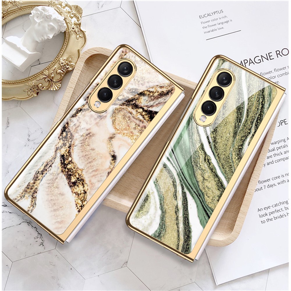 GKK Anti-Scratch IMD Graceful Marble Pattern Tempered Glass Back + Hard PC Shockproof Electroplating Cover for Samsung Galaxy Z Fold3 5G - Marble 13-5