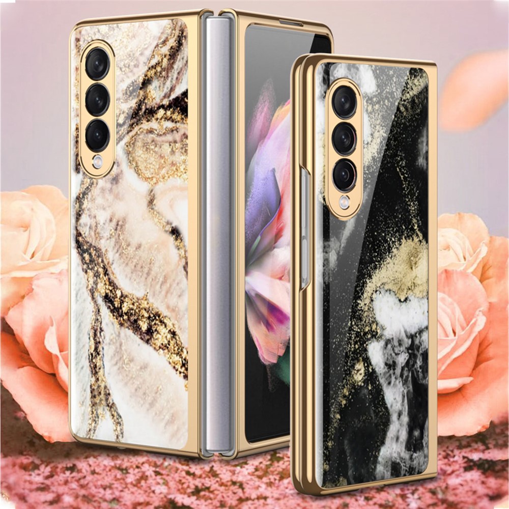 GKK Anti-Scratch IMD Graceful Marble Pattern Tempered Glass Back + Hard PC Shockproof Electroplating Cover for Samsung Galaxy Z Fold3 5G - Marble 13-6