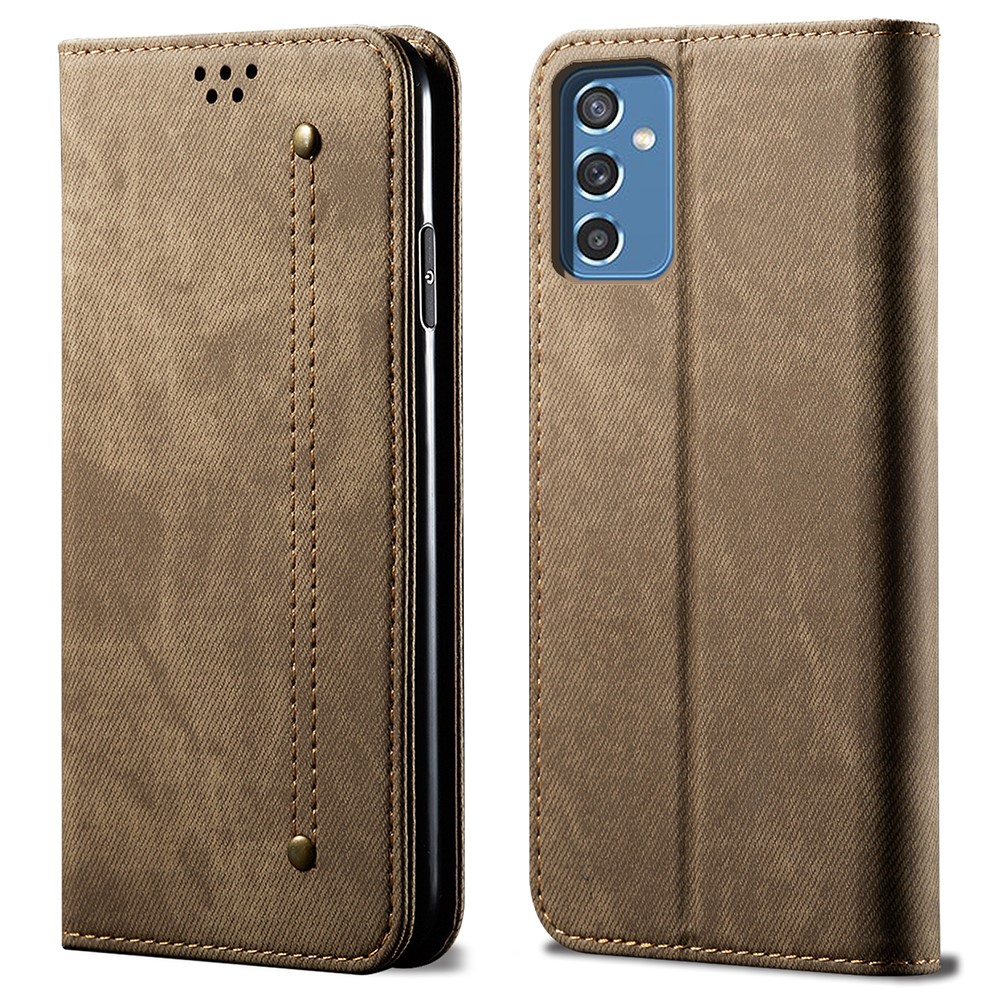 Scratch Resistant Flip Phone Cover Jeans Cloth Texture Leather Wallet Stand Case for Samsung Galaxy M52 5G - Khaki-1