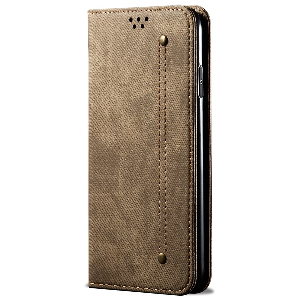 Scratch Resistant Flip Phone Cover Jeans Cloth Texture Leather Wallet Stand Case for Samsung Galaxy M52 5G - Khaki-2