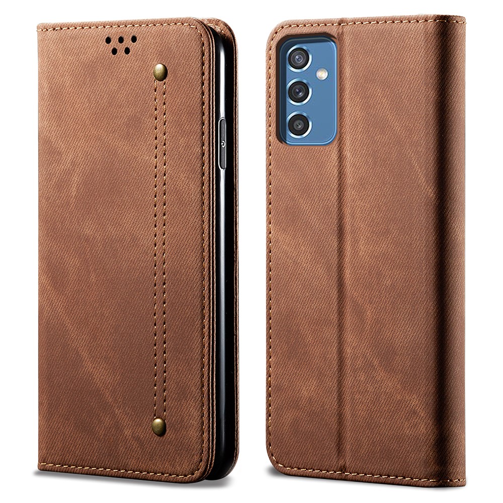 Scratch Resistant Flip Phone Cover Jeans Cloth Texture Leather Wallet Stand Case for Samsung Galaxy M52 5G - Coffee-1