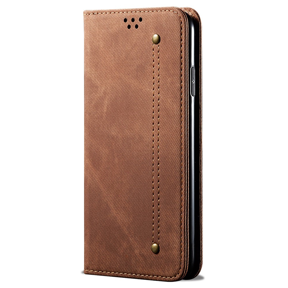 Scratch Resistant Flip Phone Cover Jeans Cloth Texture Leather Wallet Stand Case for Samsung Galaxy M52 5G - Coffee-2