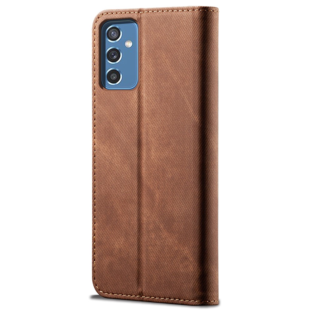 Scratch Resistant Flip Phone Cover Jeans Cloth Texture Leather Wallet Stand Case for Samsung Galaxy M52 5G - Coffee-3