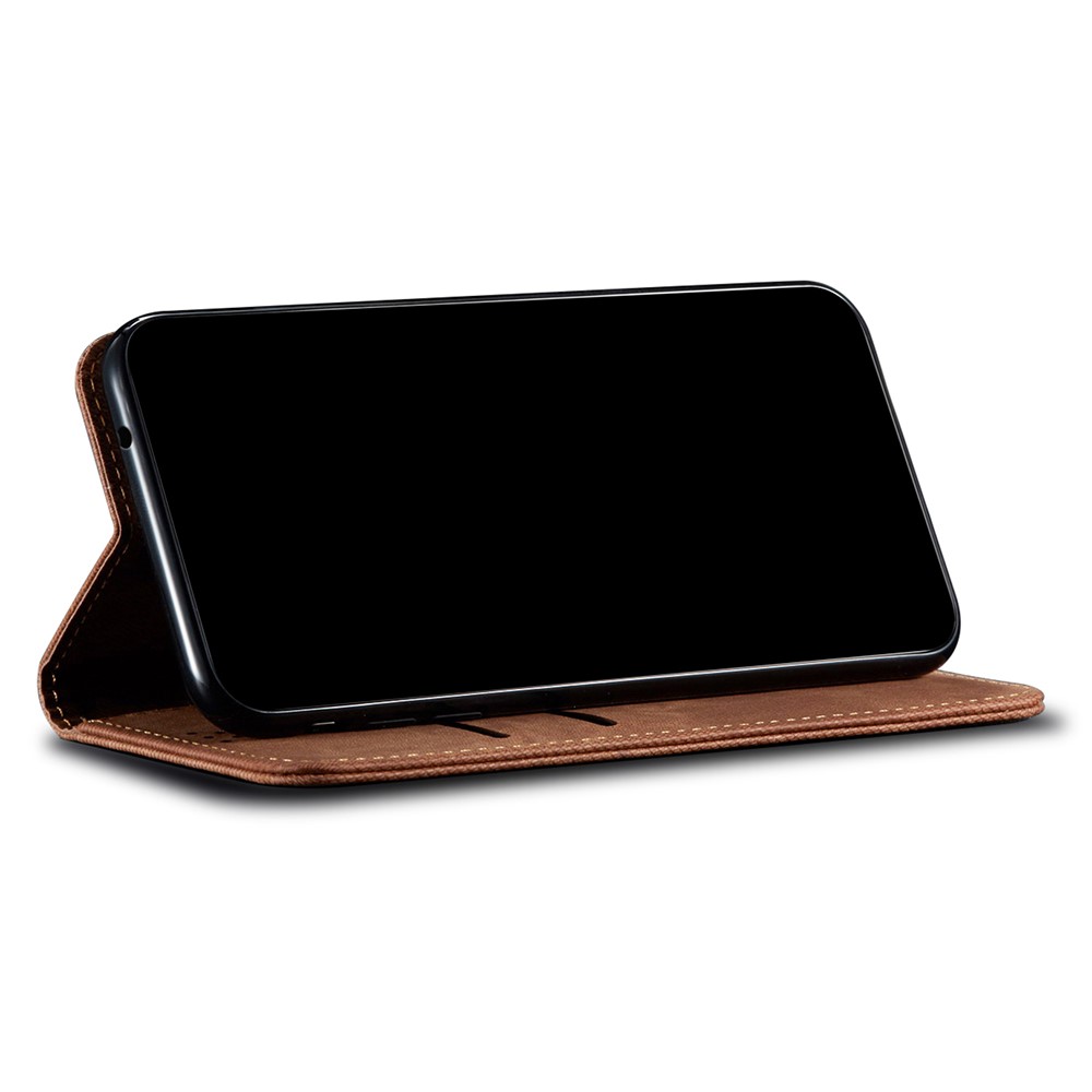 Scratch Resistant Flip Phone Cover Jeans Cloth Texture Leather Wallet Stand Case for Samsung Galaxy M52 5G - Coffee-4