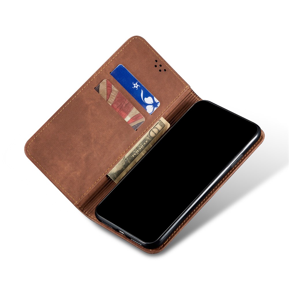 Scratch Resistant Flip Phone Cover Jeans Cloth Texture Leather Wallet Stand Case for Samsung Galaxy M52 5G - Coffee-5