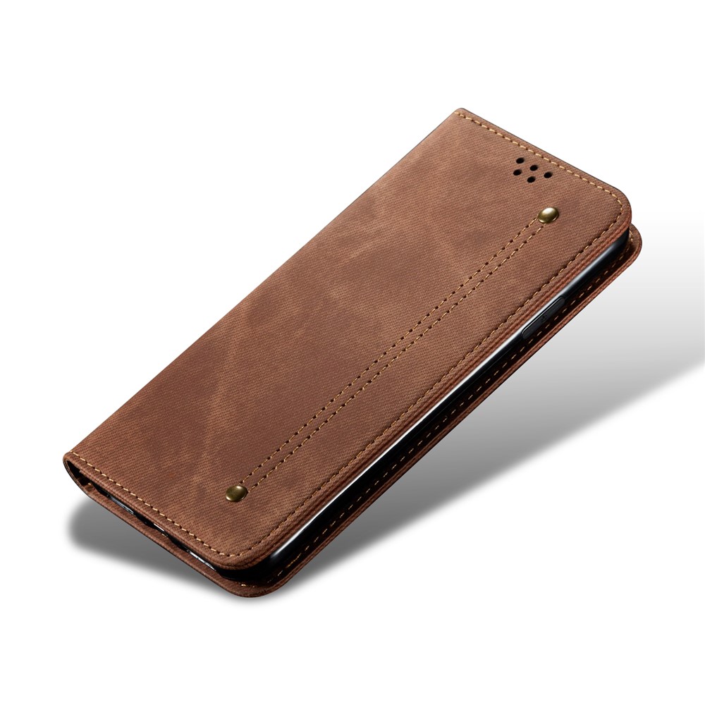 Scratch Resistant Flip Phone Cover Jeans Cloth Texture Leather Wallet Stand Case for Samsung Galaxy M52 5G - Coffee-6