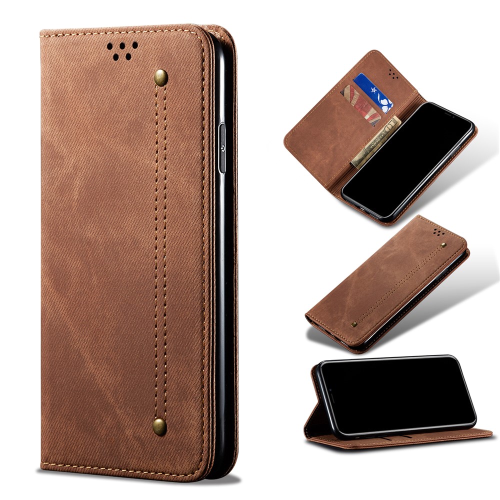 Scratch Resistant Flip Phone Cover Jeans Cloth Texture Leather Wallet Stand Case for Samsung Galaxy M52 5G - Coffee-7