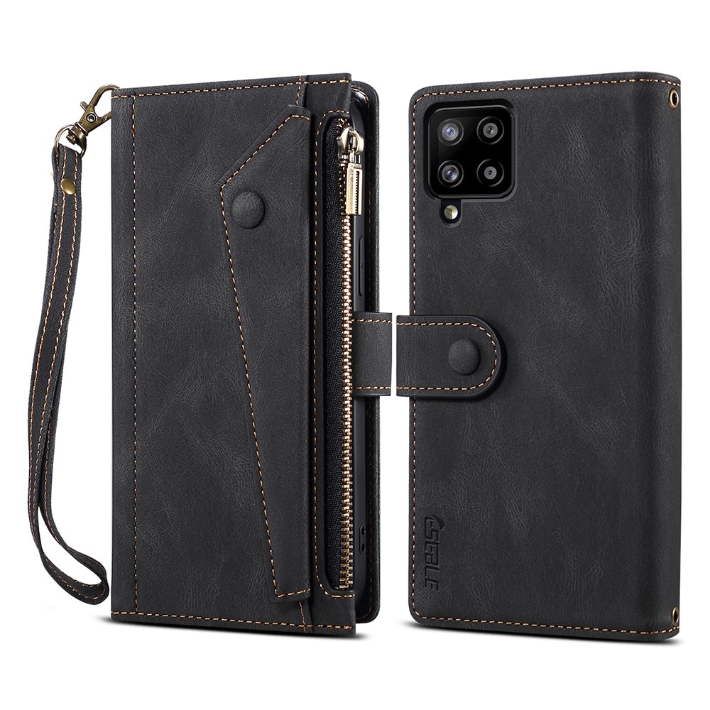 Wallet Phone Cover Protective Zippered Pocket with Strap Card Slots Multifunctional Case Phone Case with Stand for Samsung Galaxy A42 5G - Black-1
