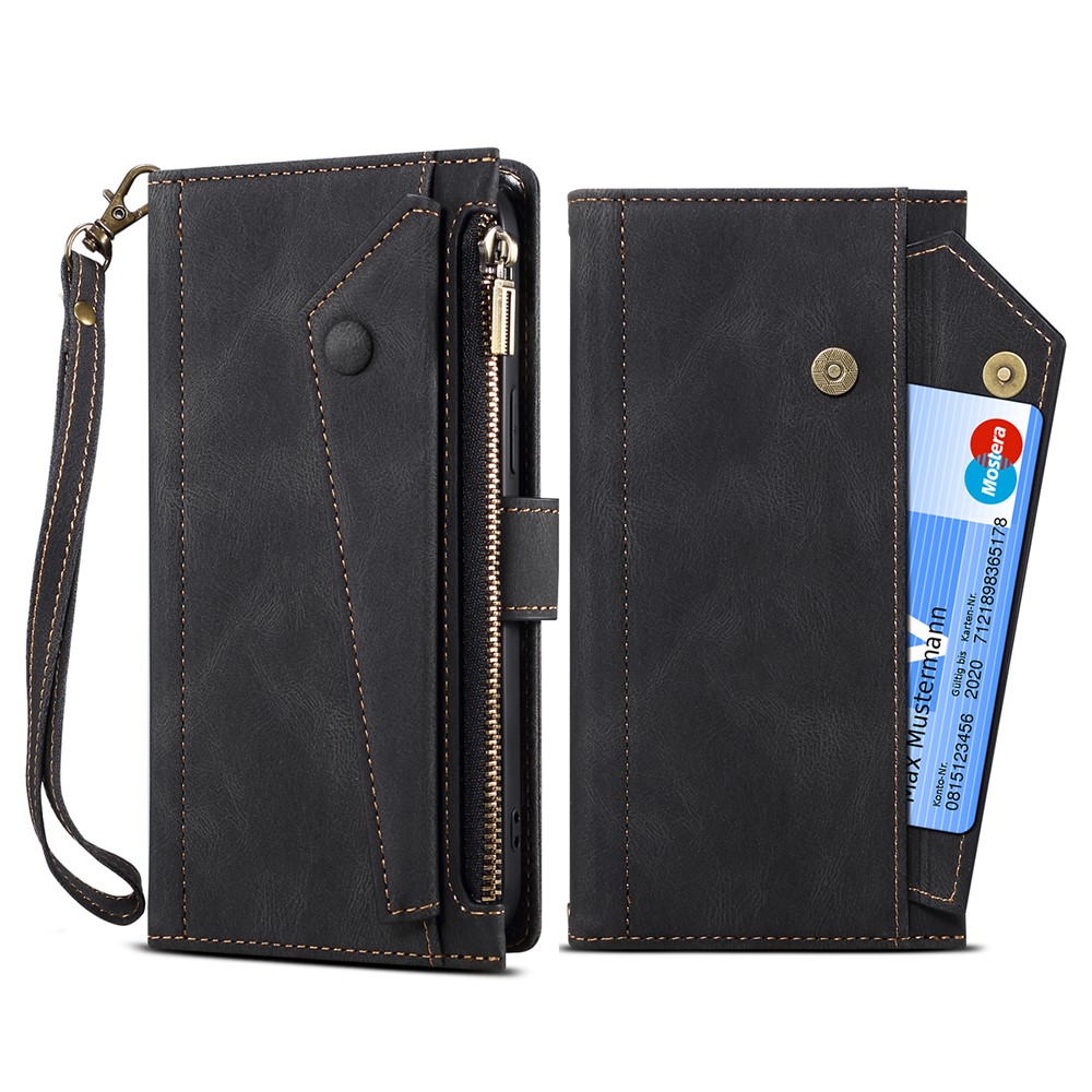 Wallet Phone Cover Protective Zippered Pocket with Strap Card Slots Multifunctional Case Phone Case with Stand for Samsung Galaxy A42 5G - Black-10
