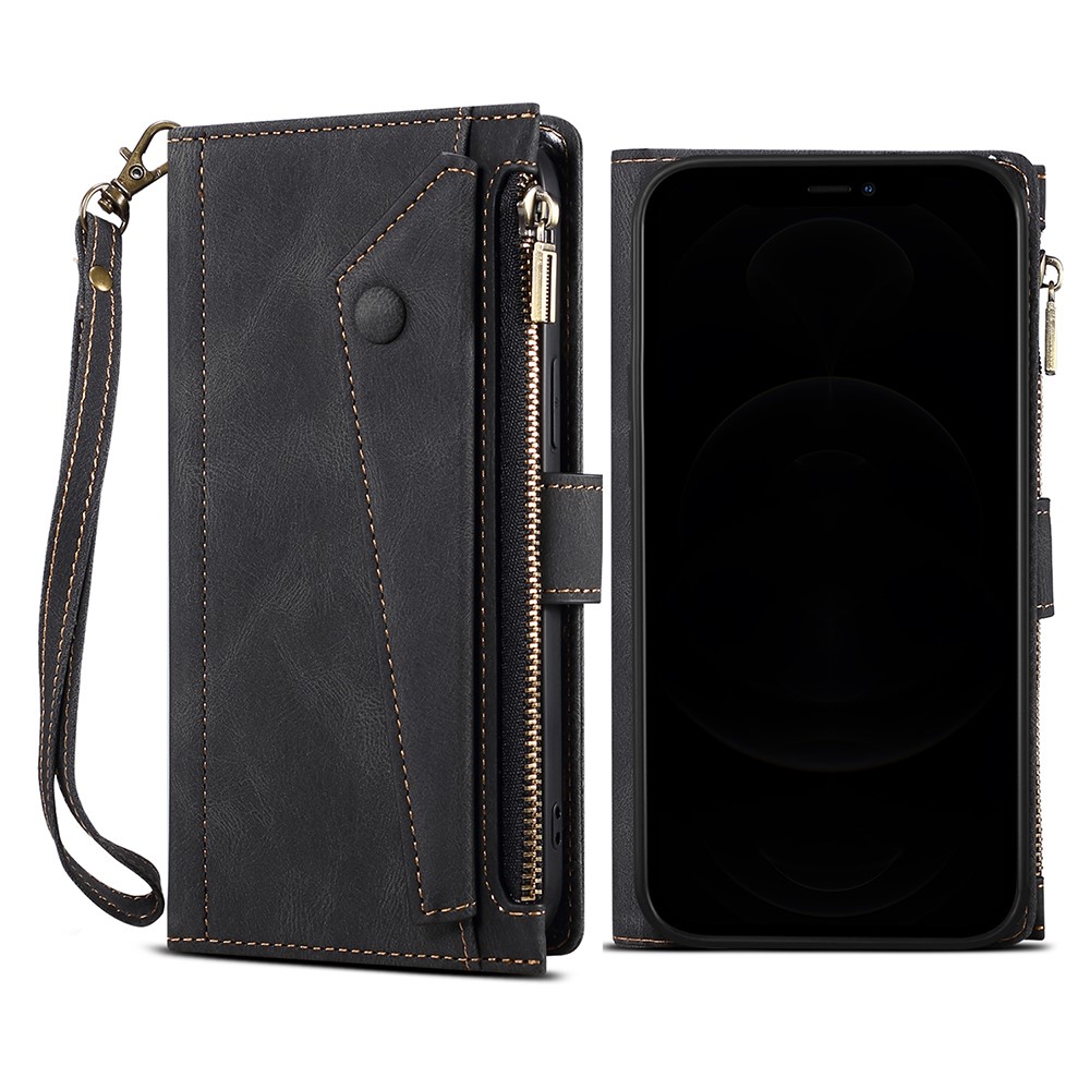Wallet Phone Cover Protective Zippered Pocket with Strap Card Slots Multifunctional Case Phone Case with Stand for Samsung Galaxy A42 5G - Black-11