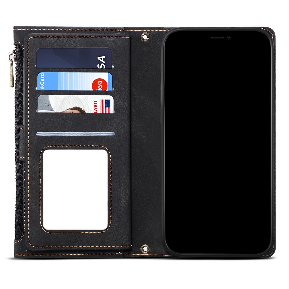 Wallet Phone Cover Protective Zippered Pocket with Strap Card Slots Multifunctional Case Phone Case with Stand for Samsung Galaxy A42 5G - Black-6