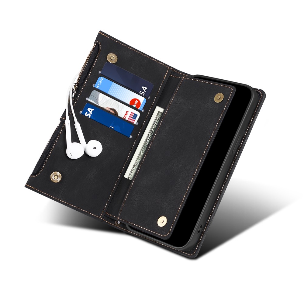 Wallet Phone Cover Protective Zippered Pocket with Strap Card Slots Multifunctional Case Phone Case with Stand for Samsung Galaxy A42 5G - Black-7