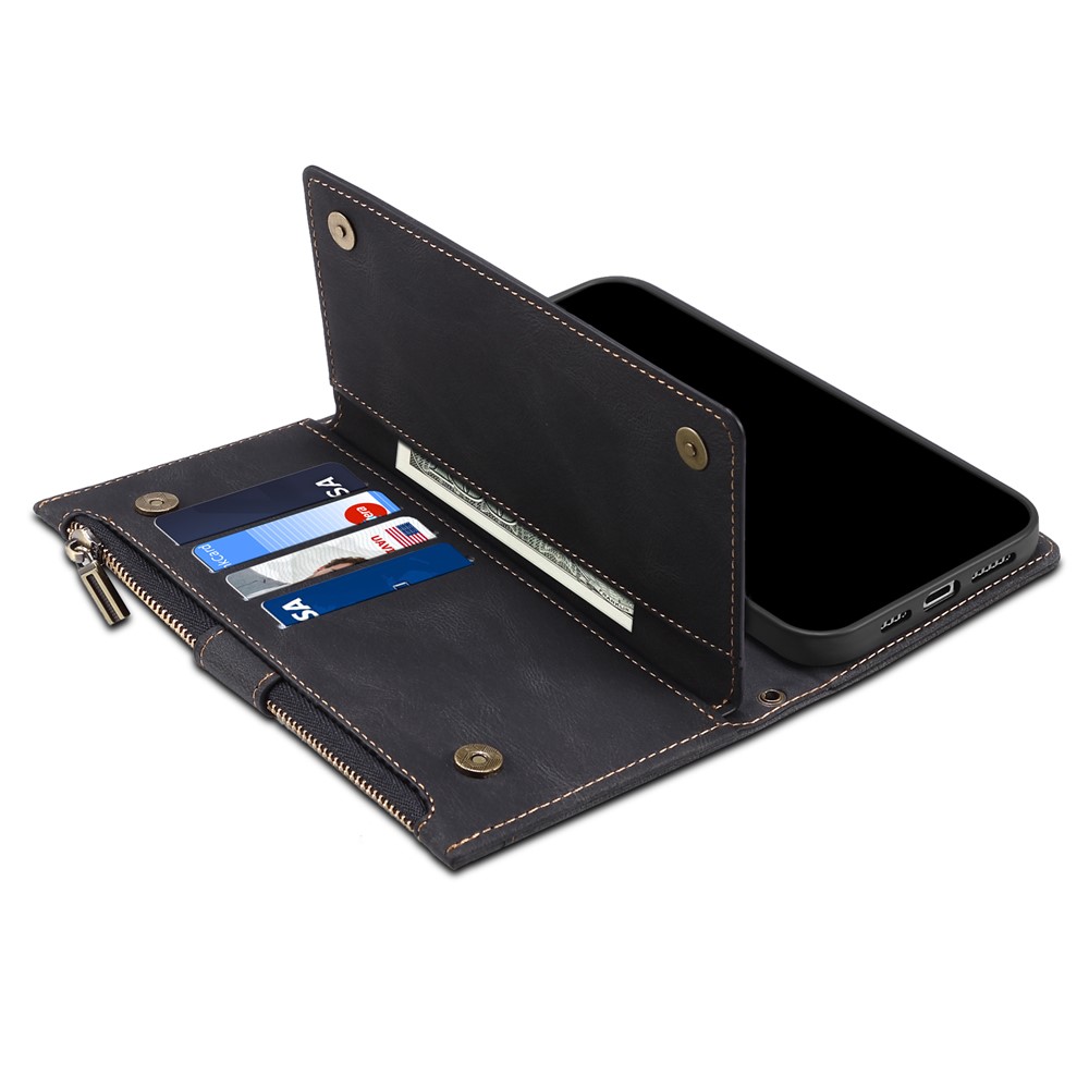 Wallet Phone Cover Protective Zippered Pocket with Strap Card Slots Multifunctional Case Phone Case with Stand for Samsung Galaxy A42 5G - Black-8