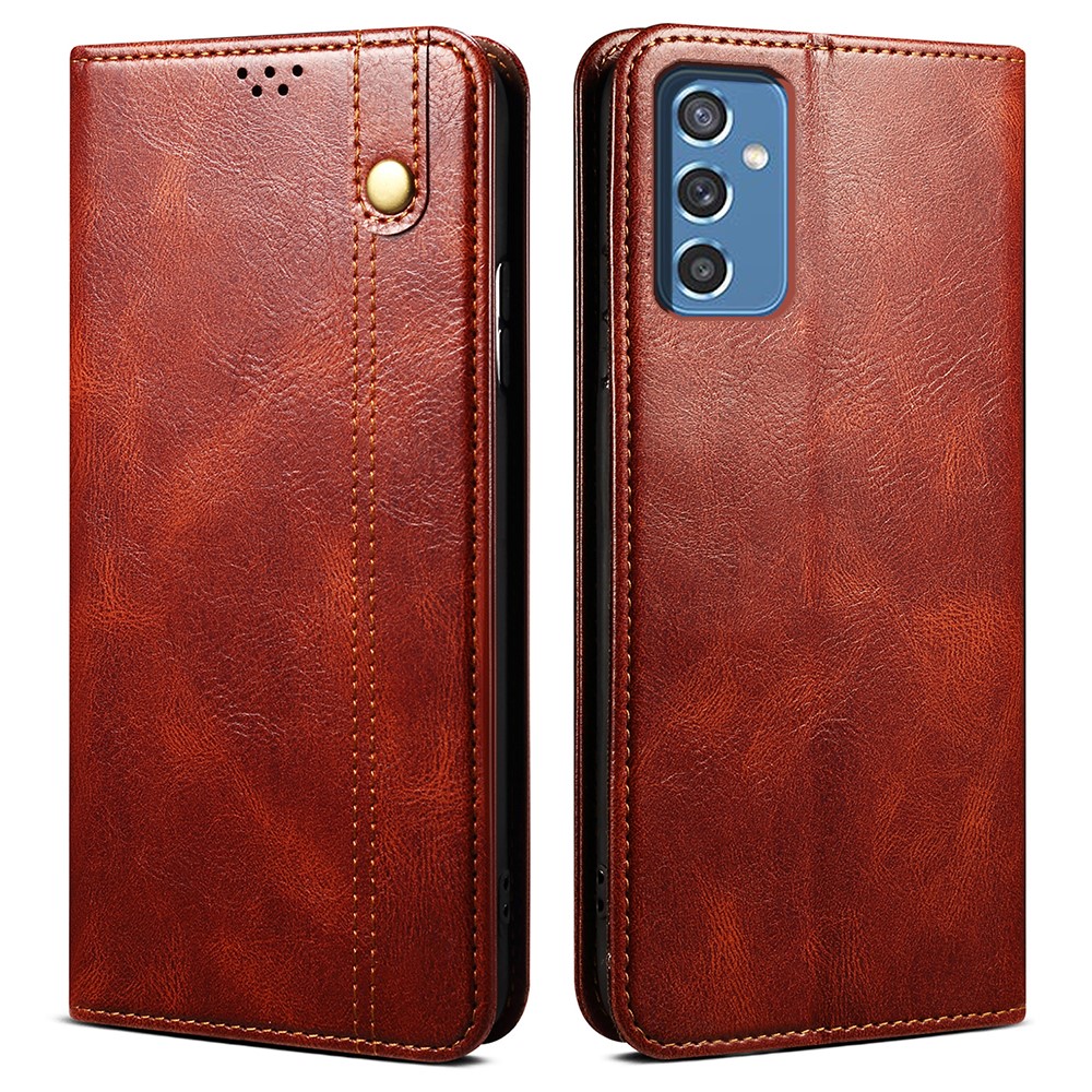 Magnetic Auto-absorbed PU Leather Wallet Stand Waxy Crazy Horse Texture Phone Case Cover for Samsung Galaxy M52 5G - Brown-1