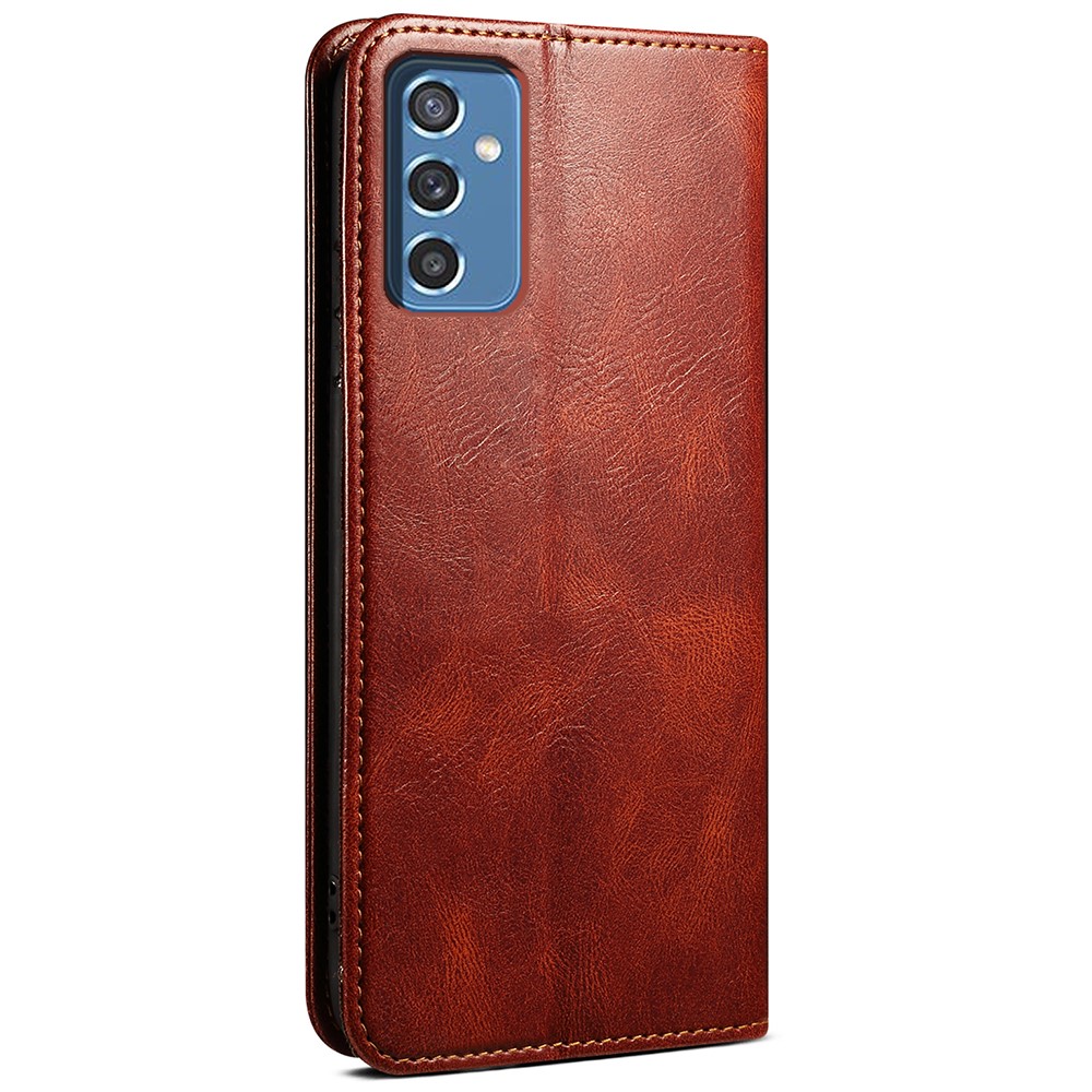 Magnetic Auto-absorbed PU Leather Wallet Stand Waxy Crazy Horse Texture Phone Case Cover for Samsung Galaxy M52 5G - Brown-3
